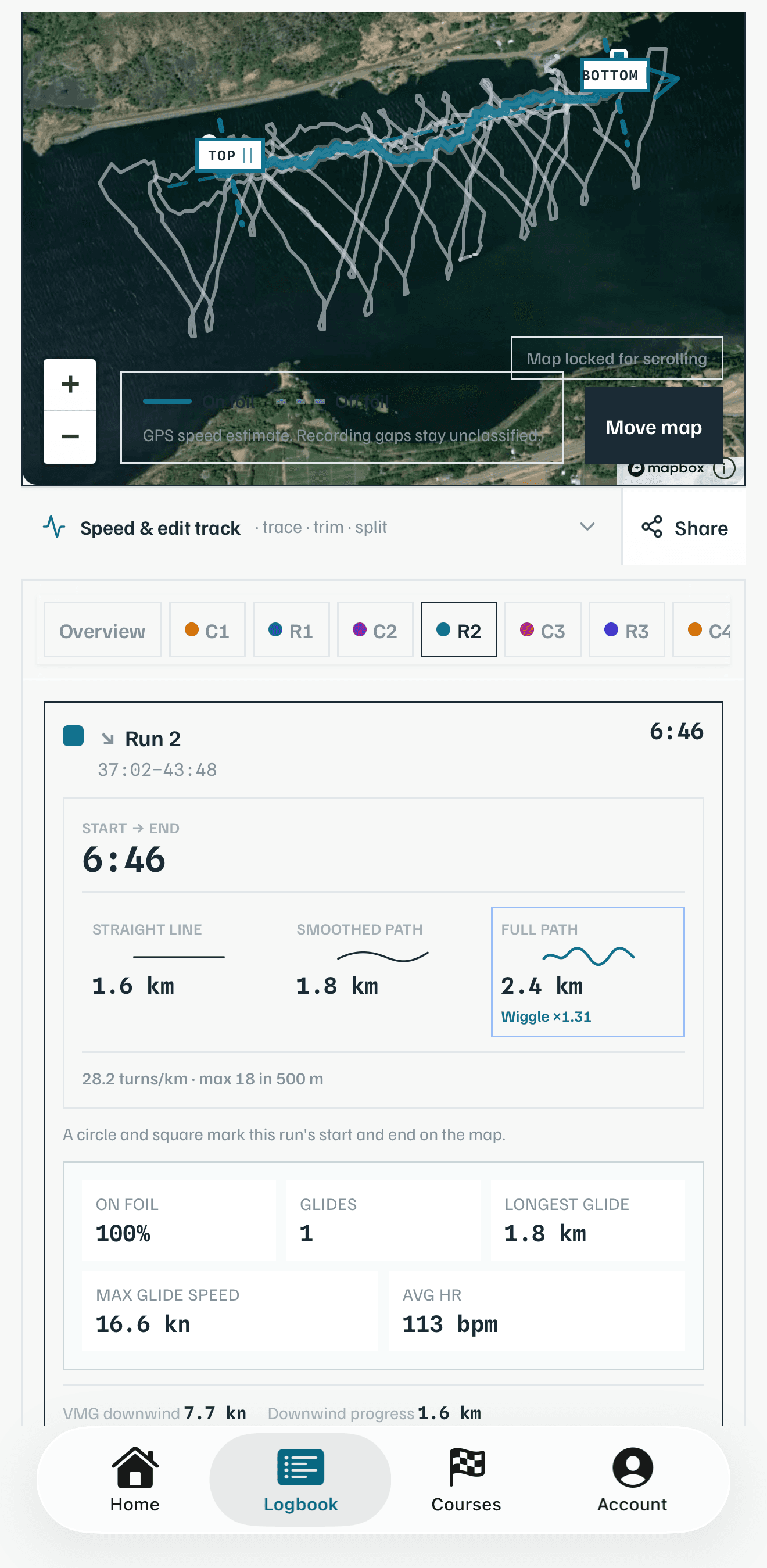 The downwind run view with one run highlighted from top to bottom and its path, glide, and turn-texture measurements